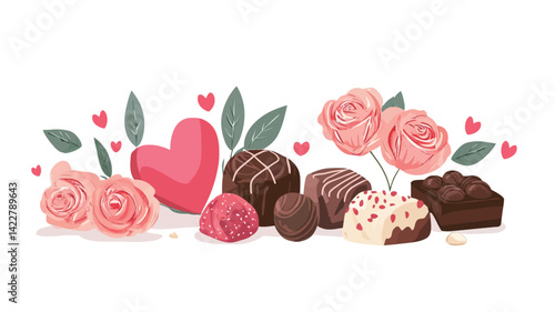 A digital illustration showing a vibrant combination of chocolate and pink roses on a white background.