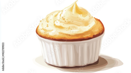 Studio close up of French creme brulee served in a fluted white baking dish on a pure white background. The pudding has a smooth and creamy texture.
