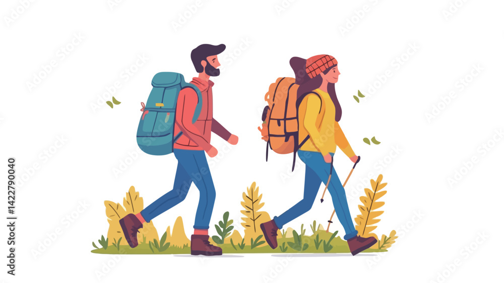 Naklejka premium vibrant vector illustration of a young couple hiking in a natural landscape. The style uses a flat design with bold, saturated colors. The characters are simple, yet expressive.