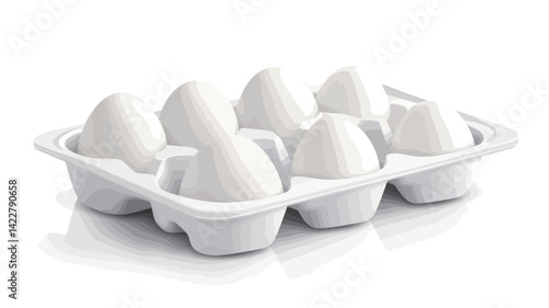 Six immaculately white eggs rest in a clean white pulp molded egg carton, photographed from a high angle and in close up. The eggs are evenly lit, showing a smooth, matte surface with subtle texture.