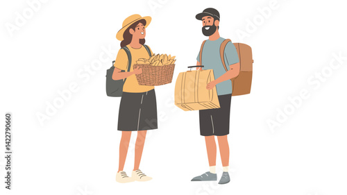 flat vector style digital illustration depicts a man and a woman, both of whom appear to be travelers. The woman carries a woven basket filled with what looks like bread or toast.