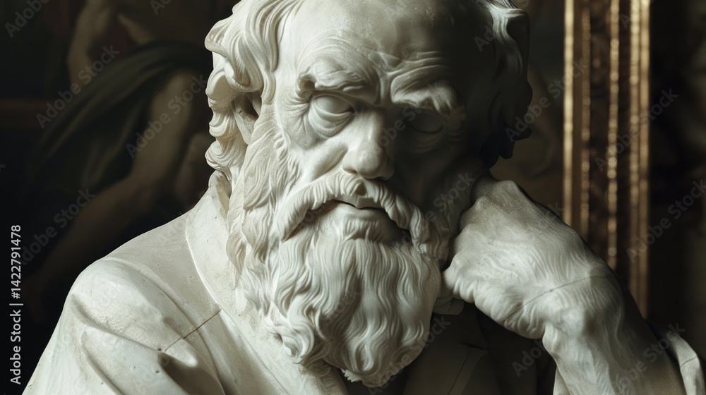 Naklejka premium Contemplative path, philosophical study: wisdom pursuit, abstract reasoning, intellectual depth, logical examination, deep reflection, conceptual analysis, profound understanding, truth exploration.