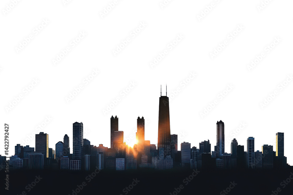 Fototapeta premium chicago skyline silhouette at sunrise, isolated on white background.