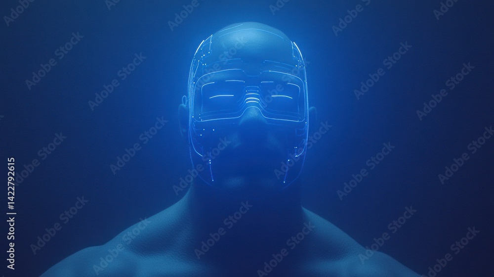 Obraz premium Muscular Man with Glowing Blue Digital Face in Dark Studio