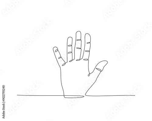 Hand showing five fingers outline drawing illustration. one continuous line drawing of human hand goodwill gesture.