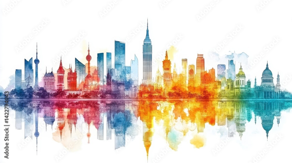 Naklejka premium Colorful Watercolor City Skyline Reflection with Iconic Landmarks