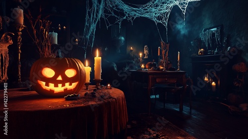 Eerie Halloween Night, Illuminated Pumpkin Display with Cobwebs and Candles creates a spooky and festive Atmosphere
