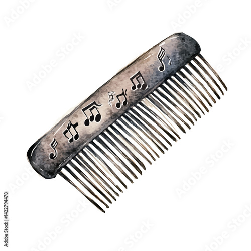 Comb With Musical Notes In Its Teeth, vector watercolor illustration, isolated on a white background.