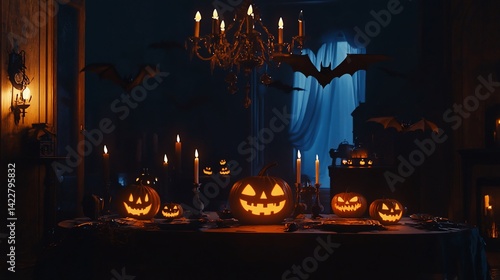 Spooky Halloween Night, Illuminated Pumpkins and Bats in a Haunted Mansion