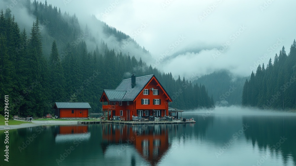 Fototapeta premium Crimson Cabin Retreat Lake Reflections under Mountain Mist