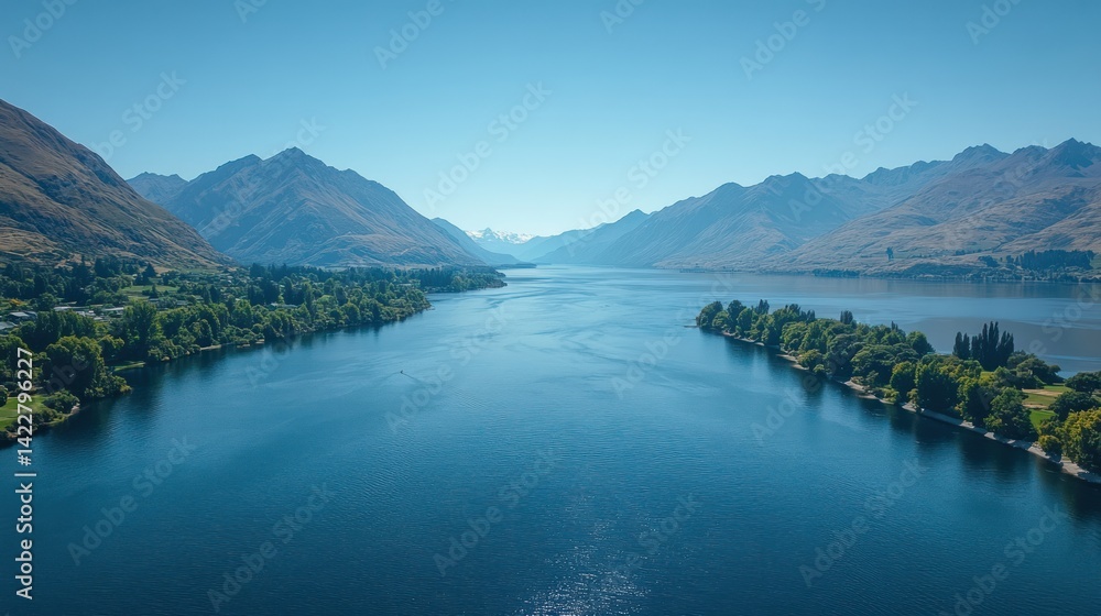 Obraz premium Serene lake voyage between autumn mountains crowned by distant snow peaks