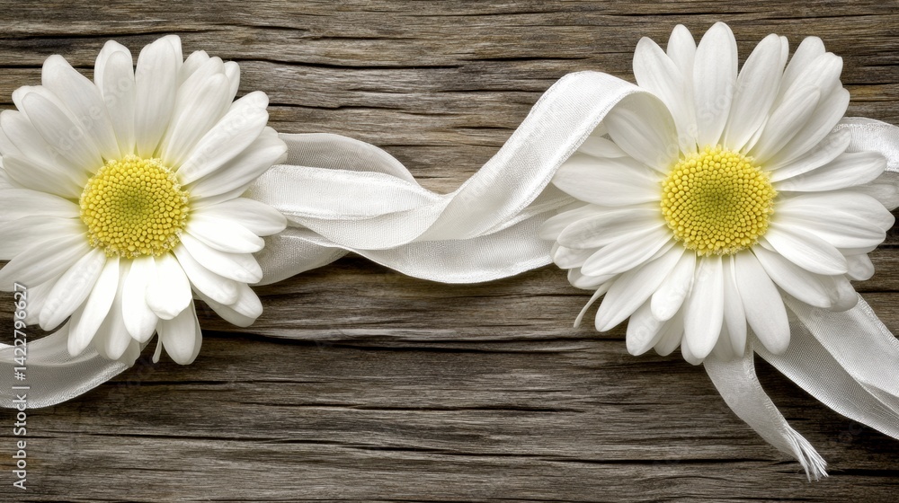 Obraz premium Two White Daisies with White Ribbon on Rustic Wooden Background