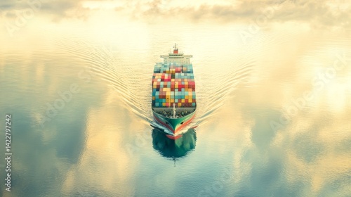 4.Top-down shot of a cargo ship carrying multicolored containers, traversing calm, reflective ocean waters under soft sunlight. photo