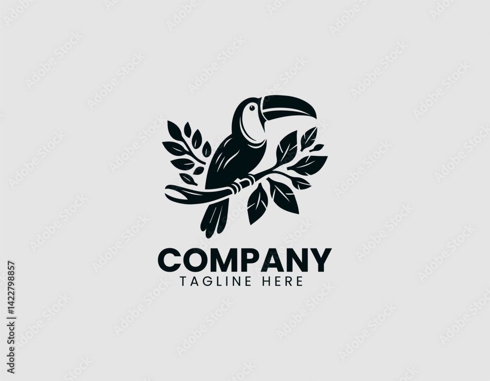 Beautiful Toucan Bird Perching Leafy Branch Vector Logo Design Beautiful Toucan Bird Perching Leafy Branch Vector Logo Design