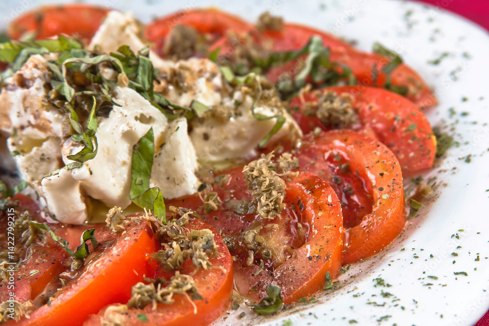 Caprese salad with ripe tomatoes and mozzarella cheese with lettuce and wheat germ, close-up, healthy food Caprese salad with ripe tomatoes and mozzarella cheese with lettuce and wheat germ, close-up, healthy food