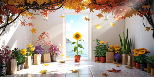 Autumn room decor with sunflowers and foliage near window with sea view fall season decoration