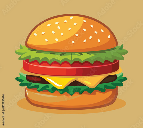 Illustrate a plate with a juicy cheeseburger and crispy golden fries. The burger should have layers of cheese, lettuce, tomatoes, and pickles, with a sesame seed bun. Vector illustration