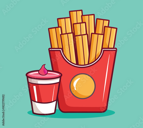 Crispy French Fries in Red Takeout Container with Yellow Background. Vector Illustration