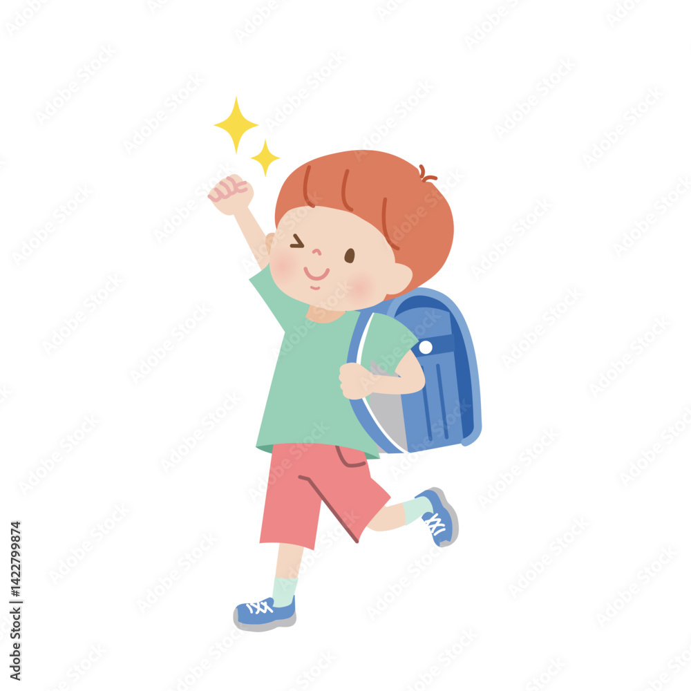 ランドセルを背負ってガッツポーズする男の子
