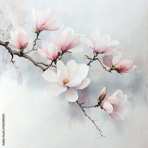 Delicate pink magnolia blossoms on a branch against a soft, light background.