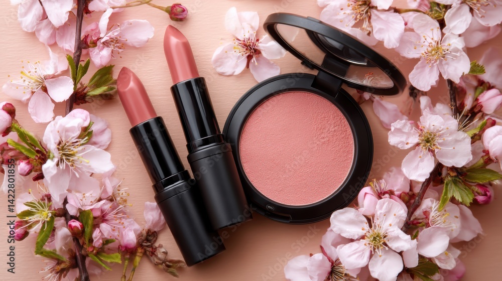 A stylish arrangement of lipsticks and blush amidst delicate pink cherry blossoms, showcasing beauty and elegance.