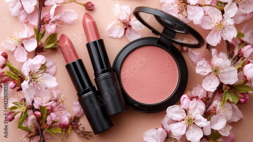Obraz na płótnie A stylish arrangement of lipsticks and blush amidst delicate pink cherry blossoms, showcasing beauty and elegance. w salonie