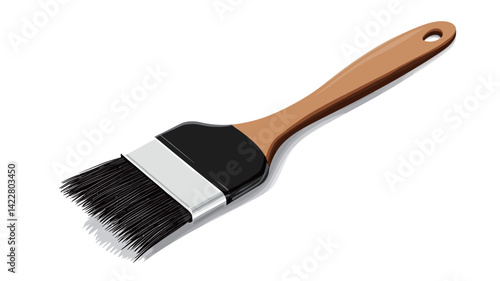 Studio high angle close up photo of a paintbrush against a pure white background. The handle of the paintbrush is light brown with a smooth surface and a slightly rounded end.