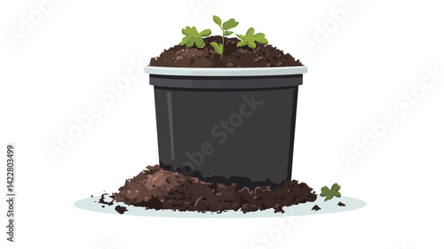 A digital illustration of a dark grey or black cylindrical plastic flower pot filled with dark brown soil. Tiny, bright green seedlings sprout from the soil surface.