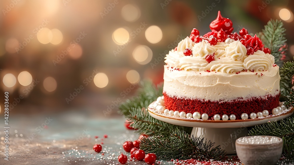 Decadent Christmas cake topped with whipped cream and vibrant red berries surrounded by evergreen branches for a cozy celebratory display Decadent Christmas cake topped with whipped cream and vibrant red berries surrounded by evergreen branches for a cozy celebratory display