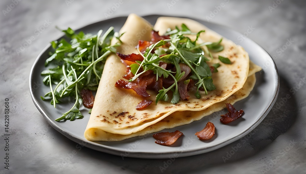 Delicious crepe bretonne with bacon and arugula on grey textured table, top view Delicious crepe bretonne with bacon and arugula on grey textured table, top view