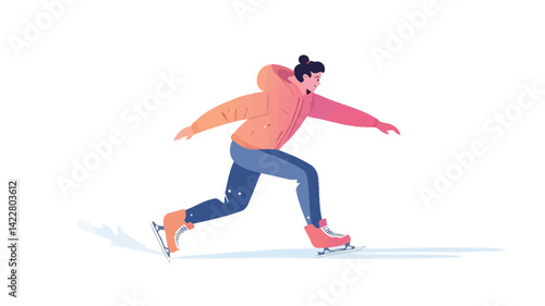 Vector illustration of a stylized female figure skater in motion, using a flat design aesthetic and minimalist techniques with limited color.