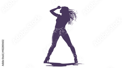 This painting shows a stylized silhouette of a woman in a dynamic dancing pose. The figure is mainly dark purple, with a pure white background. The outline is rich in details