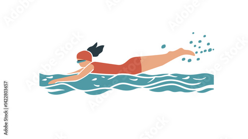 stylized vector illustration of a woman in a red swimsuit and swimming cap swimming freestyle in a minimalist flat design with pastel colors.