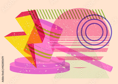 Risograph Gavel with geometric shapes. Objects in trendy riso graph print texture style design with geometry elements.