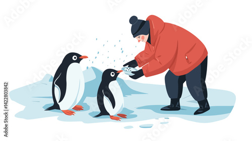 A vibrant vector illustration depicts a stylized figure in a red parka and black pants, bending over to feed two adorable penguins, which are rendered in crisp black and white.