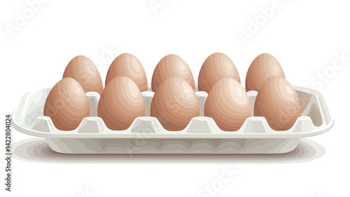 Studio high-angle close-up shot of a rectangular white paper egg carton containing ten light brown eggs of uniform size and neatly arranged in the compartments of the carton.