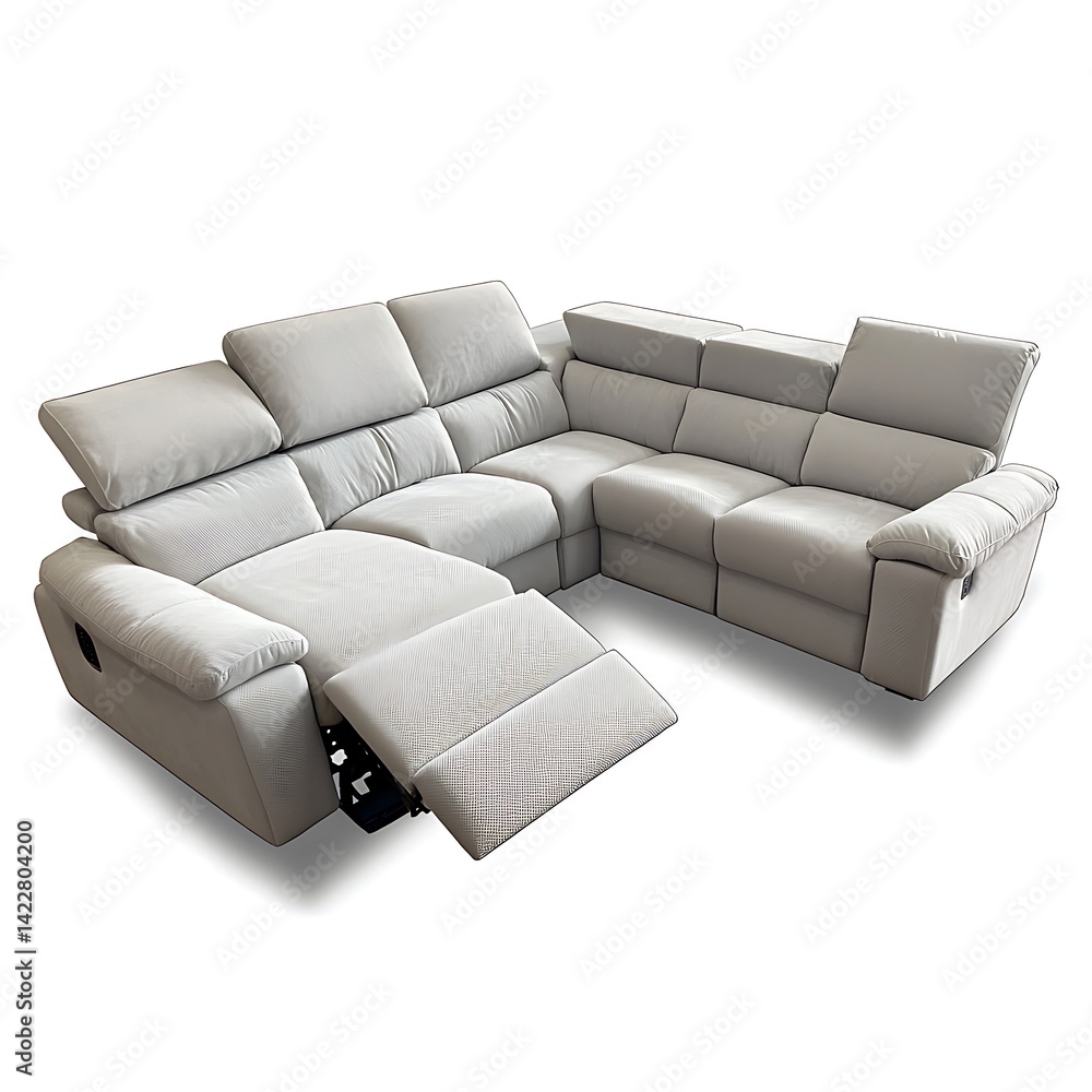 Fototapeta premium White sectional sofa with a recliner on the left side