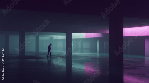 Silhouette of a Person Walking Alone in a Dark Purple and Pink Lit Parking Garage