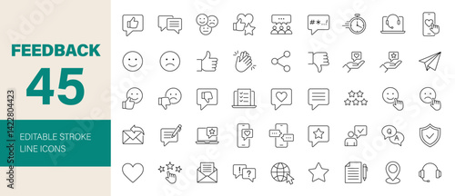Feedback icon set. Containing testimonial, rating, like, dislike, survey, review, satisfied, customer, message, chat, comment and more. Editable line icons. Vector illustration.