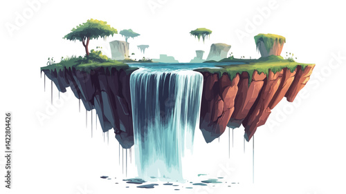 digital illustration of a bizarre floating island, rendered in a painterly style with visible brushstrokes. The island is roughly heart-shaped and covered in lush green grass and small creatures.