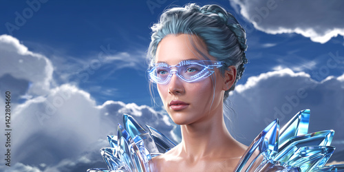 Futuristic woman with crystal dress and glasses against sky background digital art style image render