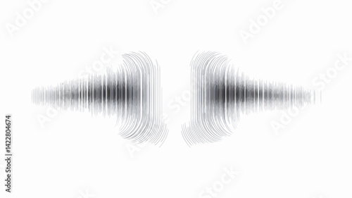 The image presents a sound wave or waveform in grayscale abstract form. Two mirrored, horizontally symmetrical patterns make up the entire composition.