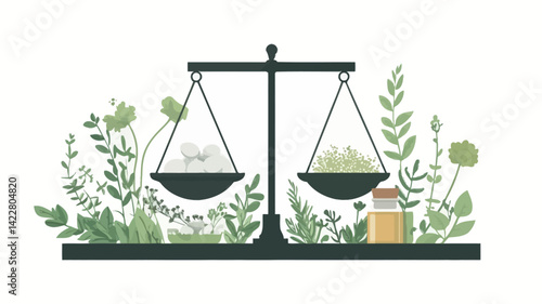 Stylized vector illustration depicting dark grey scales balanced with light grey blocks representing the herbal ingredients in each pot.