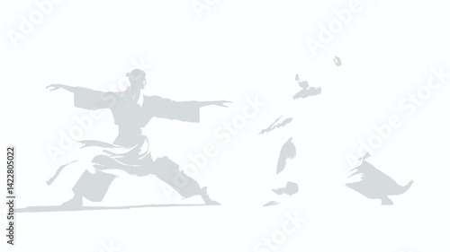 Two stylized figures, rendered in off-white and grey tones, strike a dynamic pose.