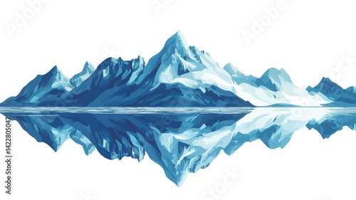 A stylized digital illustration of a mountain range perfectly reflected in calm water. The color scheme is dominated by cool blues and whites.