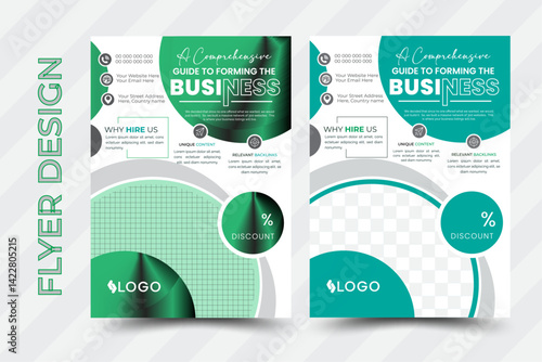 Brochure & Flyer designs with various shapes like round, triangular etc. and customizable colors like off-white, green, sky blue, pink, orange, blue etc.