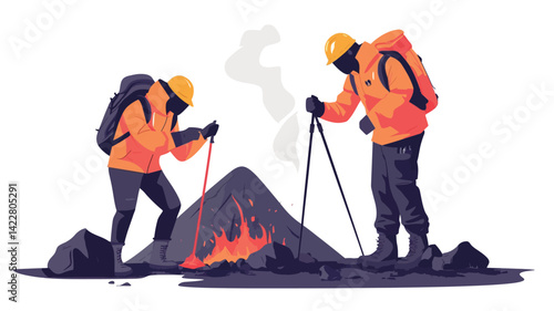 A vector illustration of two hikers, rendered in a minimalist flat style, standing between stylized rocks on a mountain peak.