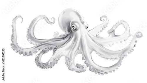 A high-resolution grayscale illustration of an octopus. The image shows a detailed rendering of the octopus's many tentacles, with each tentacle carefully drawn.
