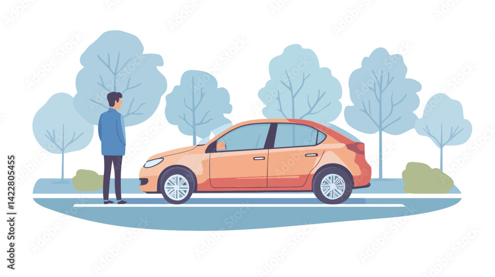 This vector image depicts a stylized image of a man in a suit standing next to an orange four-door sedan. The car is parked on a light blue road. This vector image depicts a stylized image of a man in a suit standing next to an orange four-door sedan. The car is parked on a light blue road.