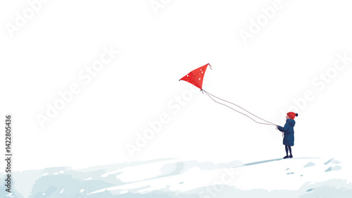 The work presents a minimalist composition depicting a child, possibly a girl, dressed in dark clothing and a red hat, standing in a snow-covered field.